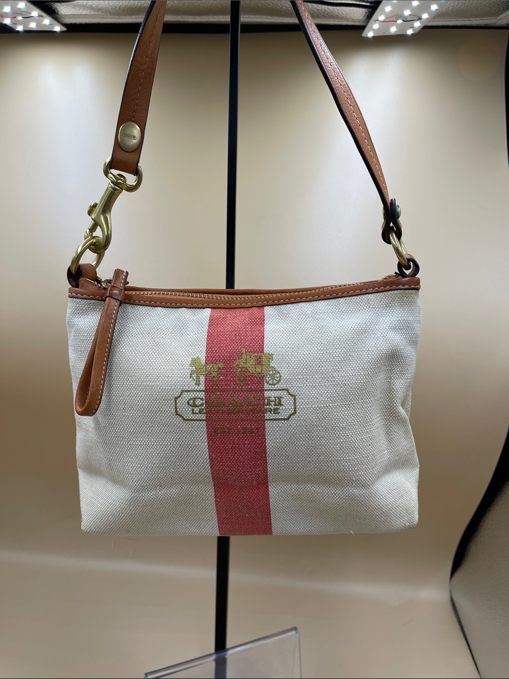 Coach Canvas Mini or Large Wristlet Cream with Terracota Stripe and Tan Trim